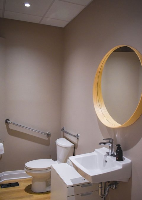 bathroom with hand rails for accessibility